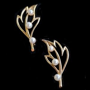 Vintage Solid 14k Yellow Gold Branch Earrings w/ Pearls CLIP-ON 5.3 gm